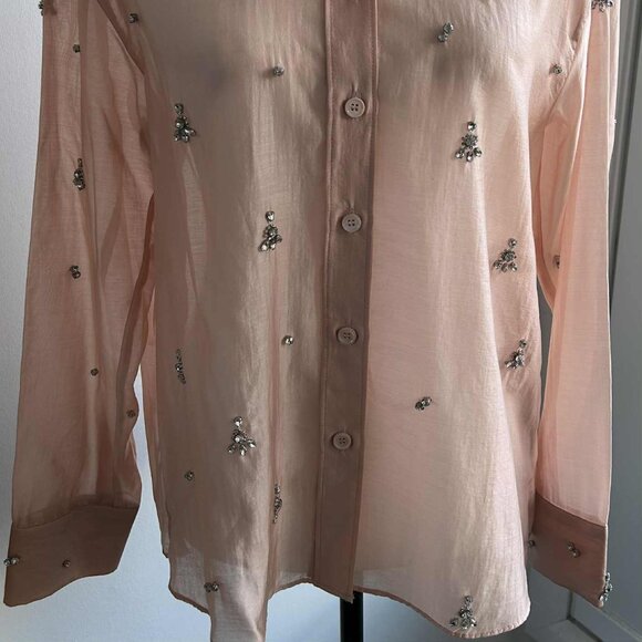 Zara Blush Pink Lyocell Semi-Sheer Crystal-Embellished Button Blouse – US XS - Picture 4 of 12